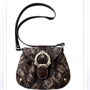 Kathy Van Zeeland small canvas brown & tan crossbody purse with a crown design